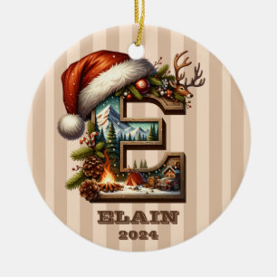 Vintage Christmas Letter E with Winter Scene Ceramic Ornament