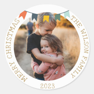 Vintage Christmas Light Ornament Family Photo Classic Round Sticker