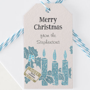 Vintage Christmas Linocut Print Blue Candles Gift Tags