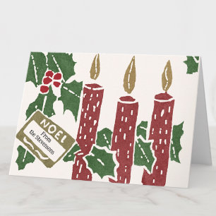 Vintage Christmas Linocut Print Candles Greeting Card