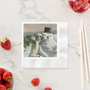 Vintage Christmas Little Girl With Snowman  Napkin