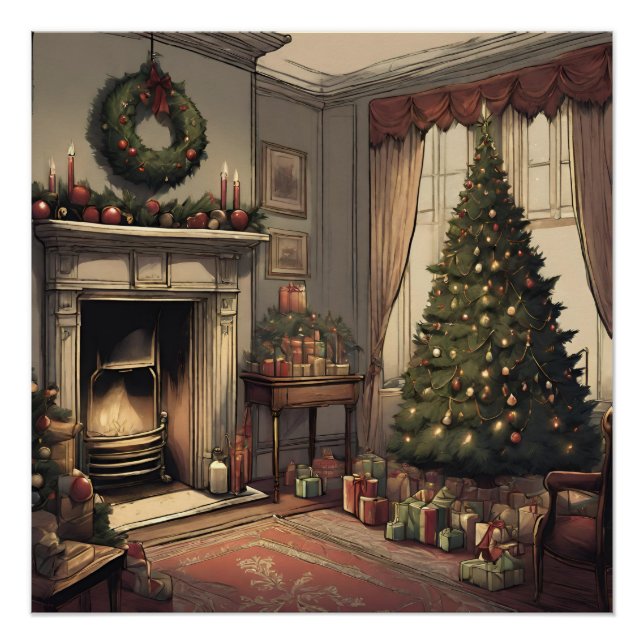 Vintage Christmas Living Room with Christmas Tree Poster (Front)