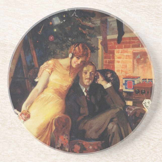 Vintage Christmas, Love and Romance Couple Coaster (Front)