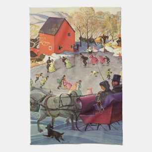 Vintage Christmas, Love and Romance Sleigh Ride Kitchen Towel