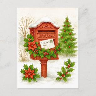 Vintage Christmas Mailbox Cozy Watercolor Postcard