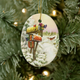 Vintage Christmas, Mailboxes in Winter Landscape Ceramic Ornament