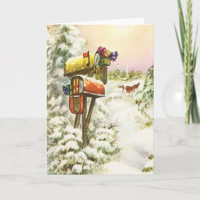 Vintage Christmas, Mailboxes in Winter Landscape  Holiday Card (Front)