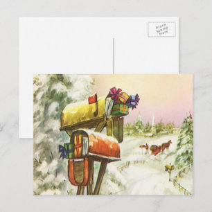 Vintage Christmas, Mailboxes in Winter Landscape Holiday Postcard