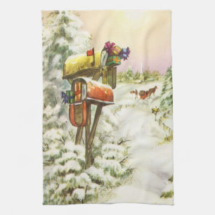 Vintage Christmas, Mailboxes in Winter Landscape  Kitchen Towel