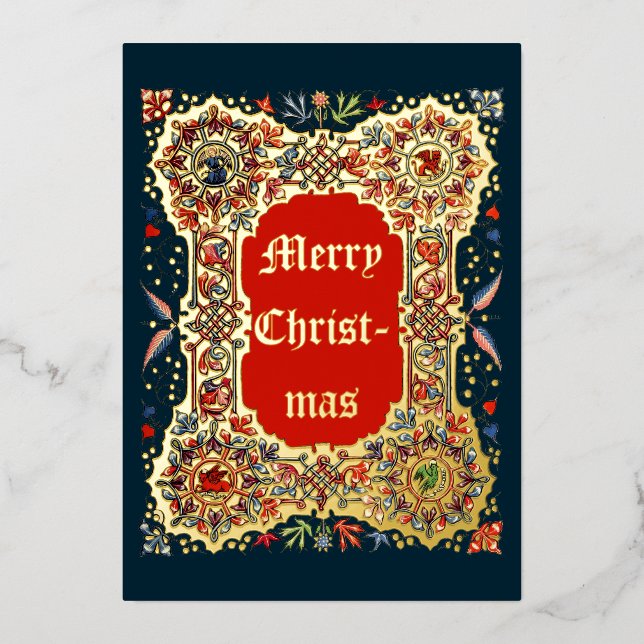 Vintage Christmas Medieval  Illuminated Style Foil Holiday Card (Front)