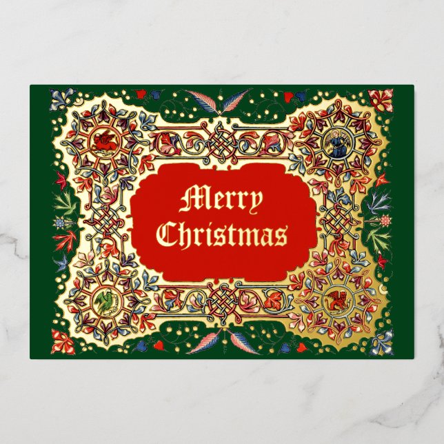 Vintage Christmas Medieval  Illuminated Style Foil Holiday Card (Front)