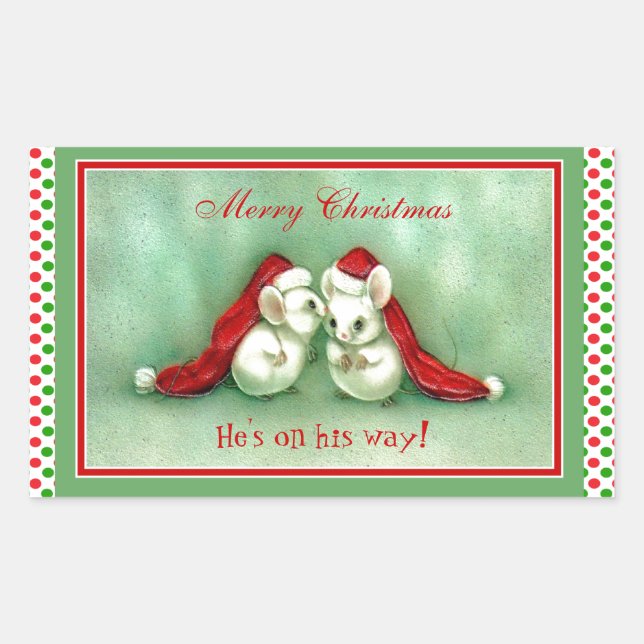 Vintage Christmas Mice with Red Santa Hats Sticker (Front)