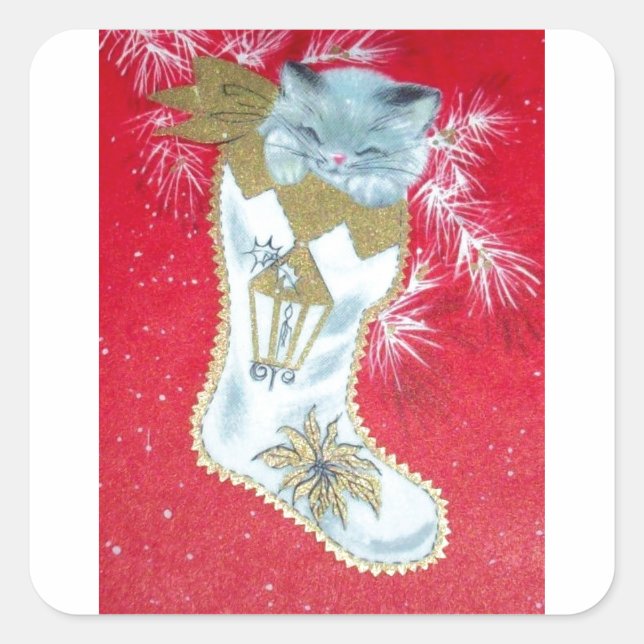 Vintage Christmas Mid Century Pastel Kitten Square Sticker (Front)