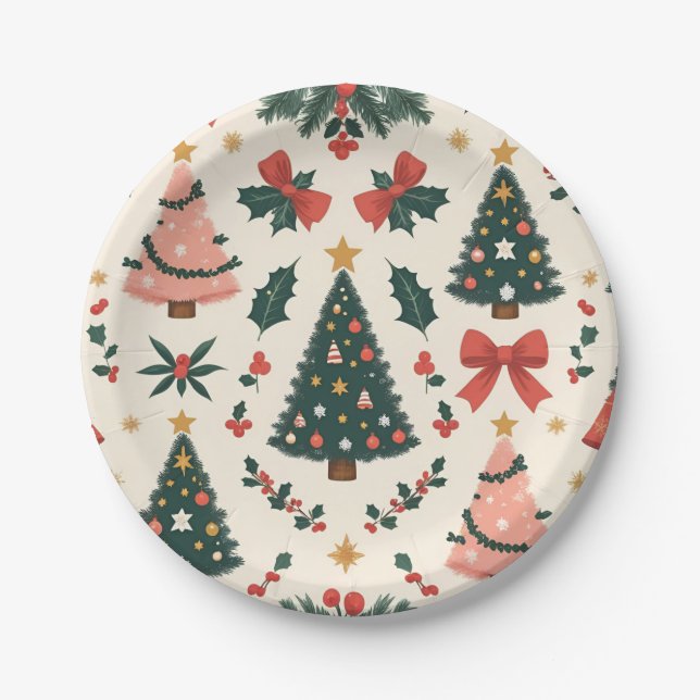 Vintage Christmas Mistletoe & Bows Holiday Paper Plate (Front)
