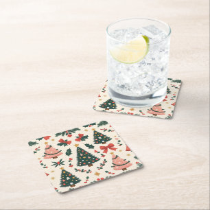 Vintage Christmas Mistletoe & Bows Holiday Square Paper Coaster
