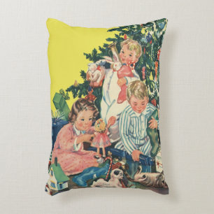 Vintage Christmas Morning, Children Opening Gifts Accent Pillow