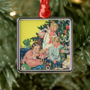 Vintage Christmas Morning, Children Opening Gifts Metal Ornament