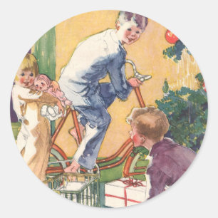 Vintage Christmas Morning, Children with Presents Classic Round Sticker
