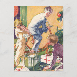 Vintage Christmas Morning, Children with Presents Holiday Postcard