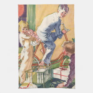 Vintage Christmas Morning, Children with Presents Kitchen Towel