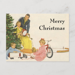 Vintage Christmas Morning, Family Opening Presents Holiday Postcard