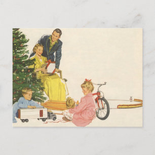 Vintage Christmas Morning, Family Opening Presents Holiday Postcard