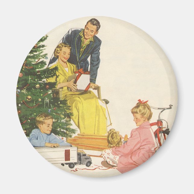 Vintage Christmas Morning, Family Opening Presents Magnet (Front)