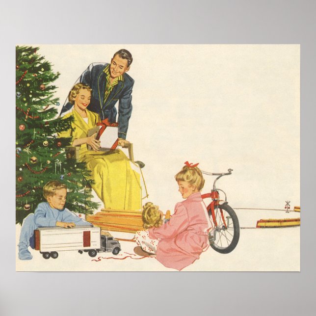 Vintage Christmas Morning, Family Opening Presents Poster (Front)