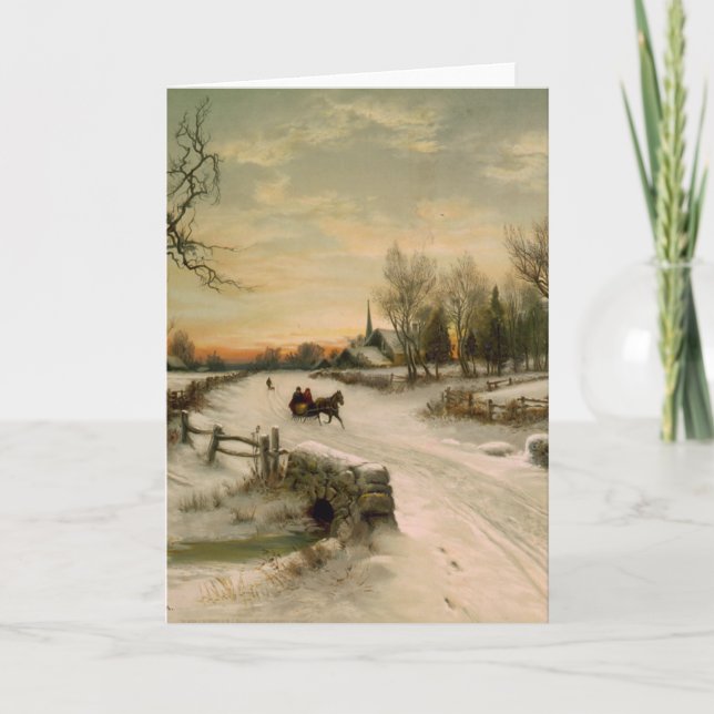 Vintage Christmas Morning Sleigh Ride Holiday Card (Front)