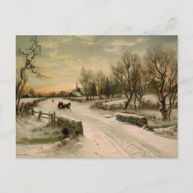 Vintage Christmas Morning Sleigh Ride Holiday Postcard (Front)