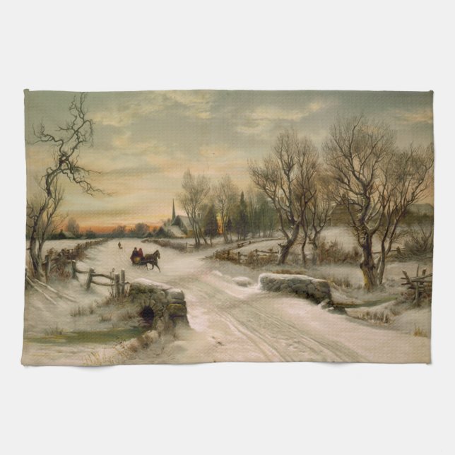 Vintage Christmas Morning Sleigh Ride Kitchen Towel (Horizontal)