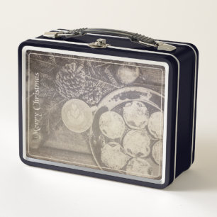 Vintage Christmas Motif with Cookies and Coffee Metal Lunch Box