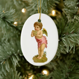 Vintage Christmas, Musician Angel with Pan Pipes Ceramic Ornament