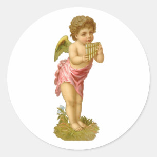 Vintage Christmas, Musician Angel with Pan Pipes Classic Round Sticker