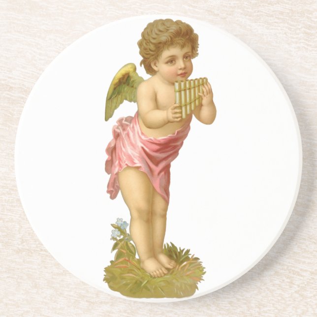 Vintage Christmas, Musician Angel with Pan Pipes Coaster (Front)