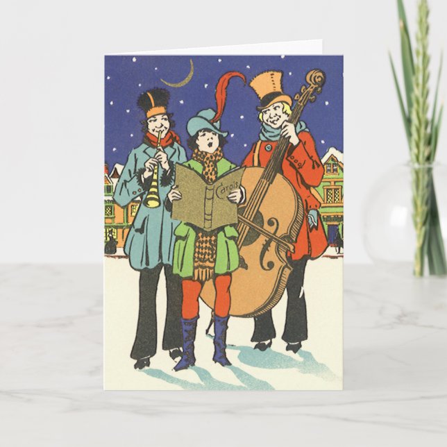 Vintage Christmas, Musicians Caroling with Music Holiday Card (Front)