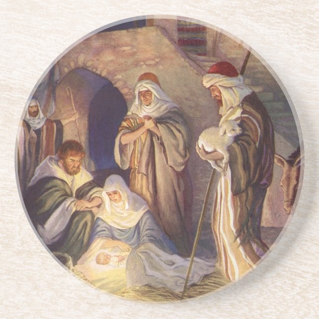 Vintage Christmas Nativity, 3 Shepherds and Jesus Coaster (Front)