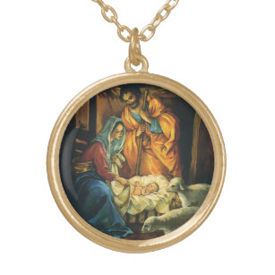 Vintage Christmas Nativity, Baby Jesus in Manger Gold Plated Necklace