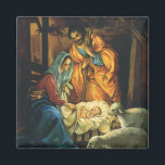 Vintage Christmas Nativity, Baby Jesus in Manger Magnet<br><div class="desc">Vintage illustration religious Christmas holiday design featuring a classic nativity. A Christian religion family scene with Mary, Joseph and the infant Jesus Christ in the manger with lamb and sheep. Bethlehem.</div>