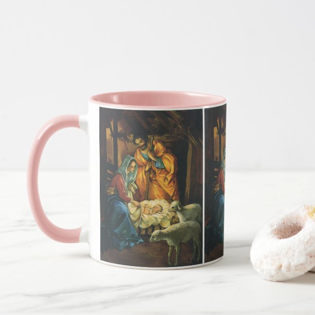 Vintage Christmas Nativity, Baby Jesus in Manger Mug (With Donut)