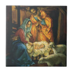 Vintage Christmas Nativity, Baby Jesus in Manger Tile<br><div class="desc">Vintage illustration religious Christmas holiday design featuring a classic nativity. A Christian religion family scene with Mary, Joseph and the infant Jesus Christ in the manger with lamb and sheep. Bethlehem.</div>