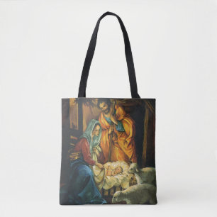 Vintage Christmas Nativity, Baby Jesus in Manger Tote Bag