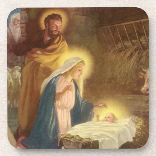 Vintage Christmas Nativity, Mary Joseph Baby Jesus Coaster (Front)