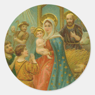 Vintage Christmas Nativity Scene Classic Round Sticker