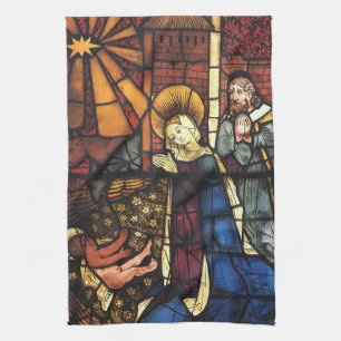 Vintage Christmas Nativity Scene in Stained Glass Kitchen Towel