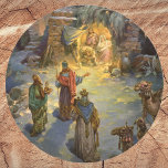 Vintage Christmas Nativity with Visiting Magi Classic Round Sticker<br><div class="desc">Vintage illustration religious Christmas holiday image featuring a nativity family scene. A Christian religion design with the three wise men visiting Mary and Joseph with the baby Jesus Christ in the manger in Bethlehem.</div>
