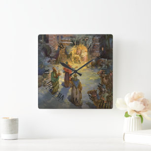 Vintage Christmas Nativity with Visiting Magi Square Wall Clock