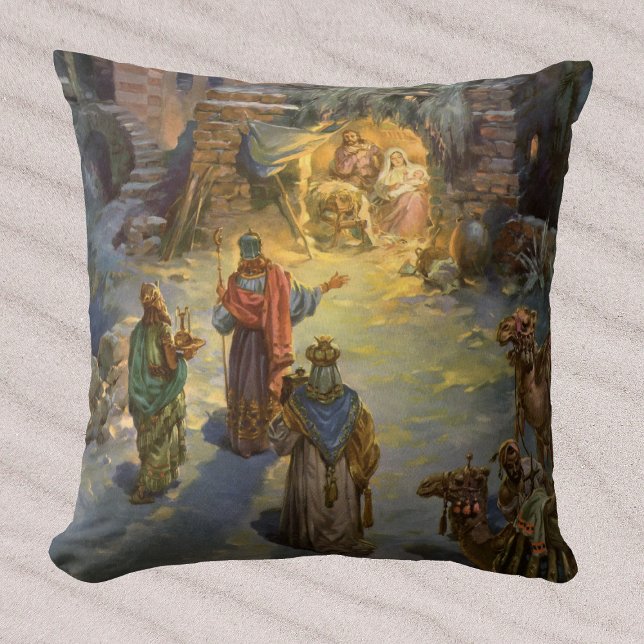 Vintage Christmas Nativity with Visiting Magi Throw Pillow (Creator Uploaded)