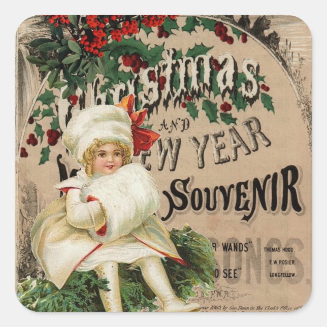 Vintage Christmas New Year Ephemera Poster Square Sticker (Front)