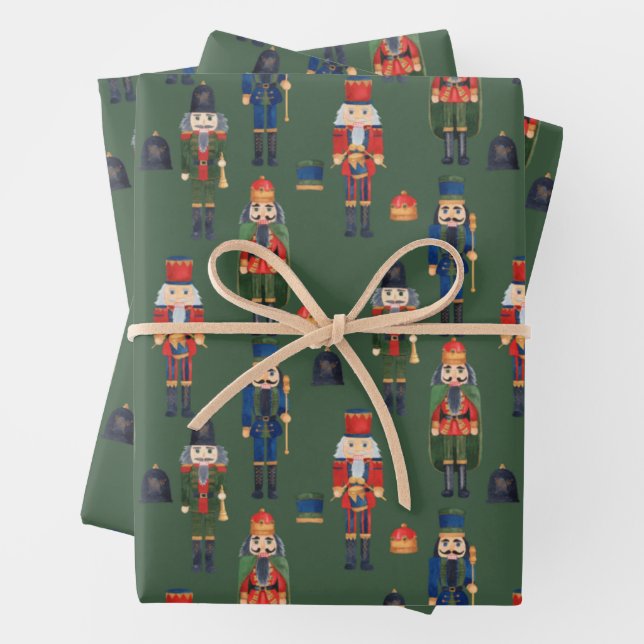 Vintage Christmas Nutcrackers Green  Wrapping Paper Sheet (In situ)